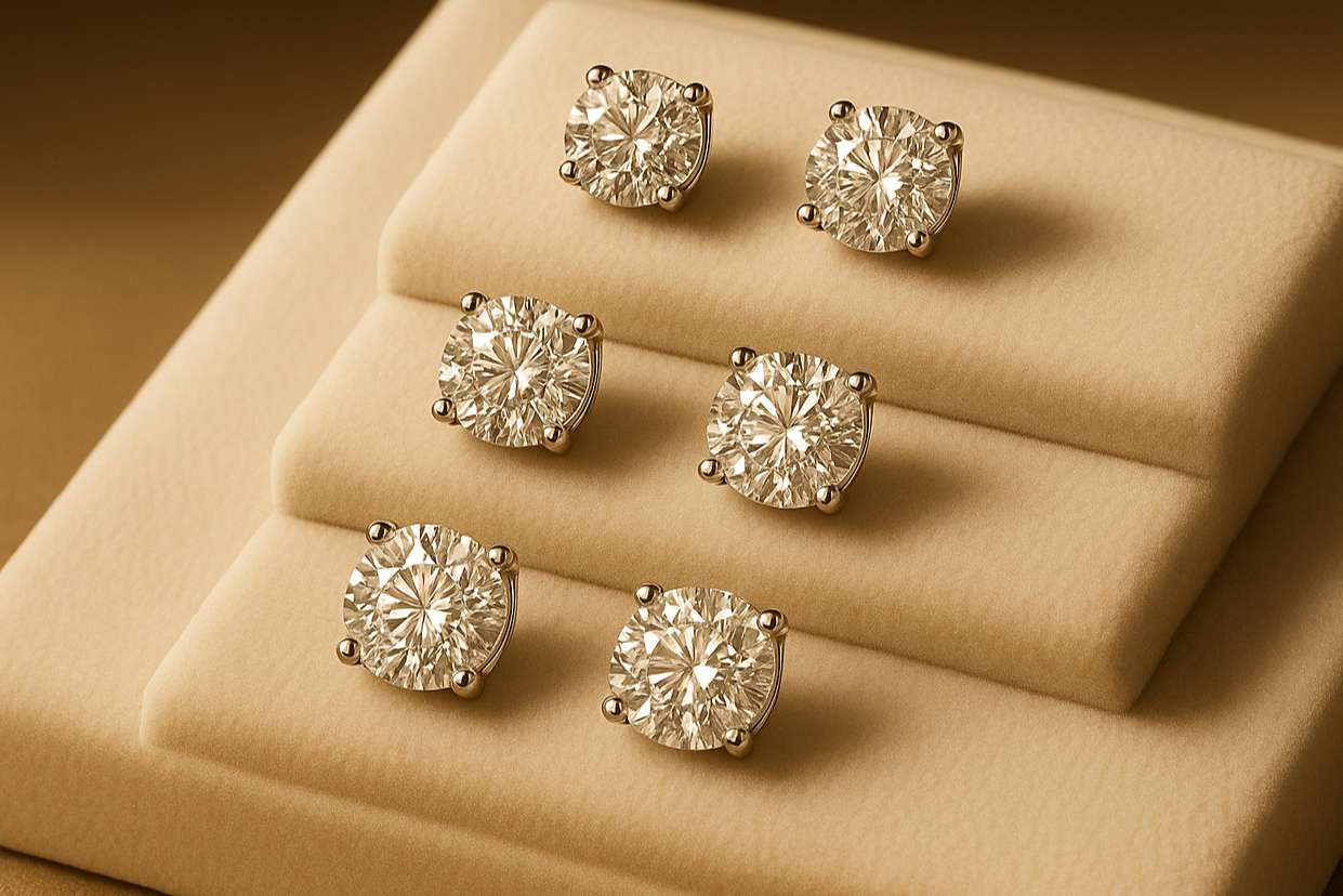 Clear diamond stud earrings display
