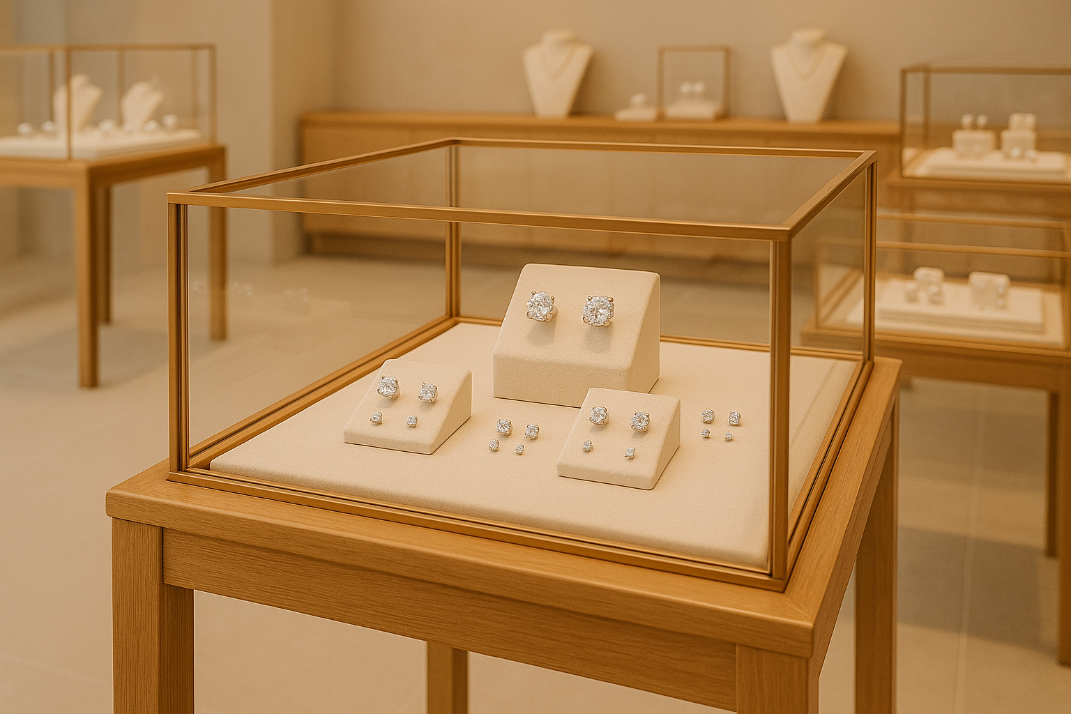 Diamond studs in display case